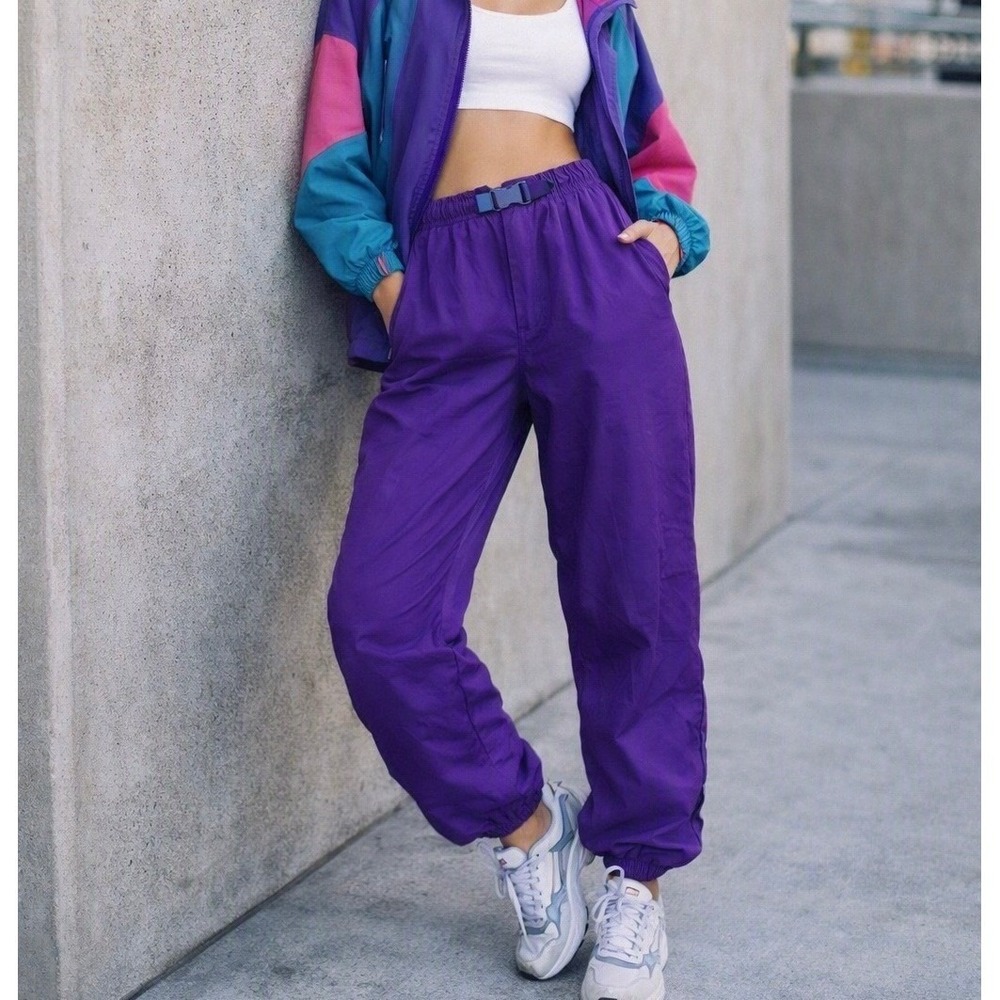 Vintage Columbia Purple Windbreaker Pants Retro 90s Joggers Elastic Snap Cuffs